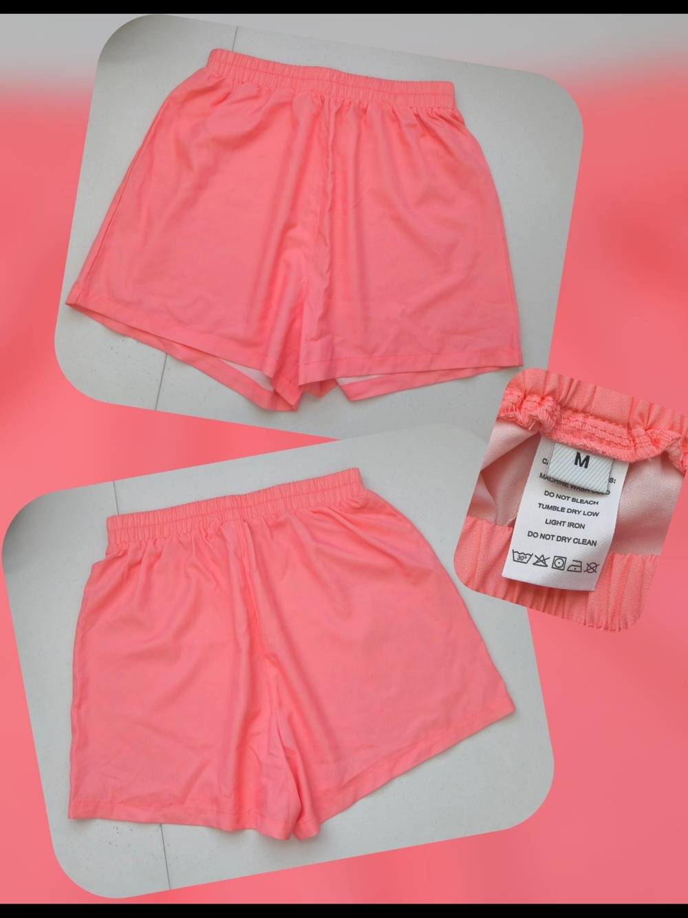 Neon Coral Athletic Shorts - Elastic Waist, Size Med